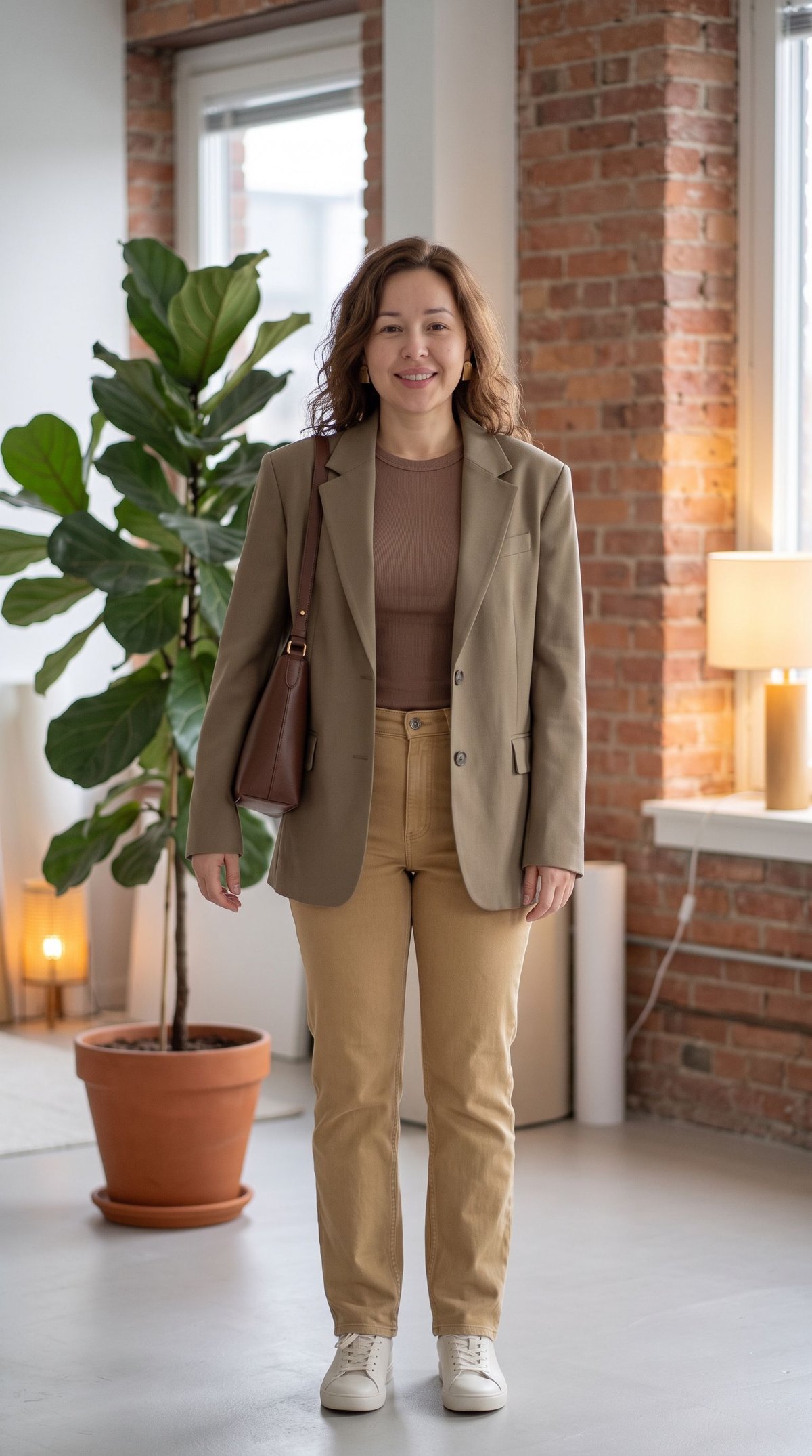 Marynarka w khaki i ciemne jeansy: stylizacja AI Stylistki w typie Zgaszona Jesień