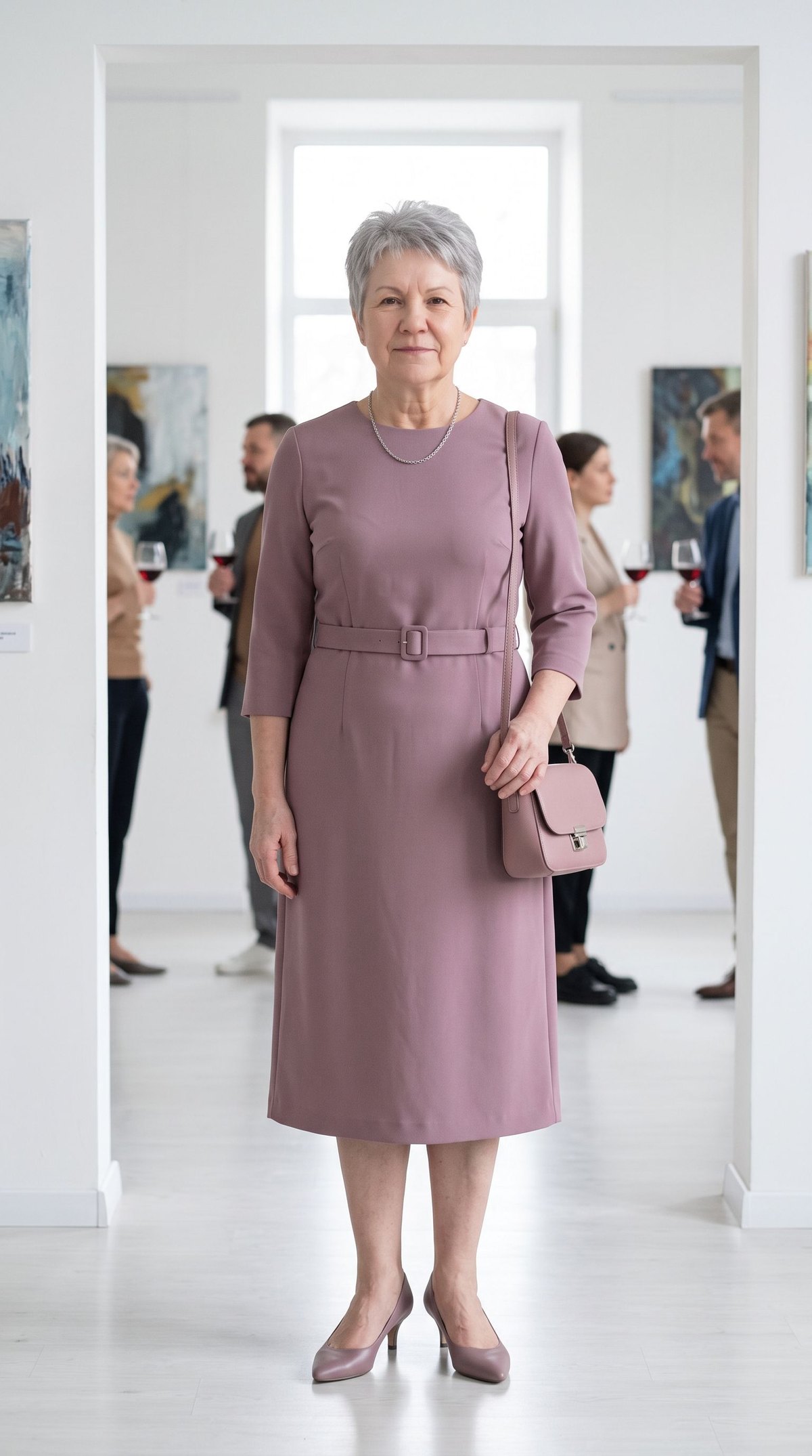 Sukienka midi w chłodnym mauve: stylizacja AI Stylistki w typie Chłodne Lato